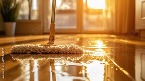 Warm Golden Light Reflects Off Newly Cleaned Hardwood Floor With Mop, Capturing Moments of Freshness and Shine in an Inviting Home Environment
