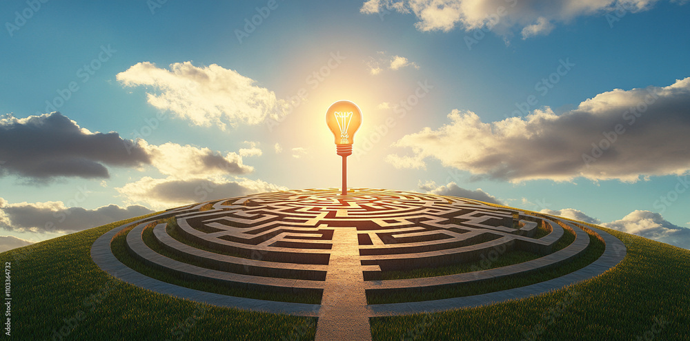 glowing light bulb stands at center of complex maze, symbolizing enlightenment and discovery. scene is set against beautiful sky, evoking sense of hope and inspiration glowing light bulb stands at center of complex maze, symbolizing enlightenment and discovery. scene is set against beautiful sky, evoking sense of hope and inspiration