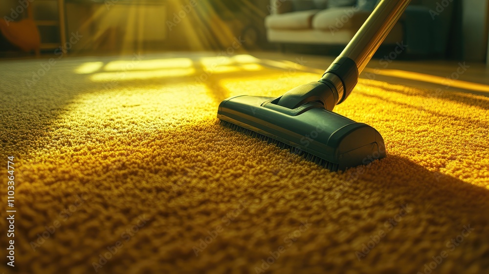 Close-up of Vacuum Cleaner Cleaning Soft Yellow Carpet in Sunlit Living Room with Warm Glow, Showcasing Home Cleaning and Maintenance Techniques Close-up of Vacuum Cleaner Cleaning Soft Yellow Carpet in Sunlit Living Room with Warm Glow, Showcasing Home Cleaning and Maintenance Techniques