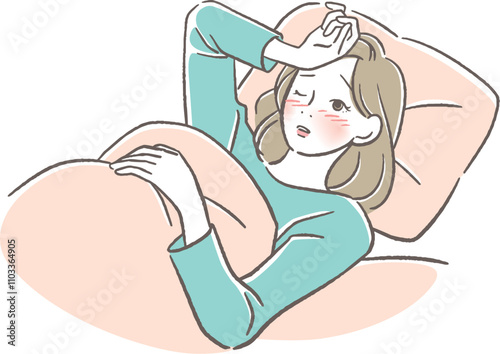 ベッドで寝る熱っぽい女性