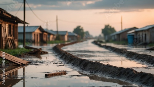 Wallpaper Mural Muddy Path Through Flooded Rural Village at Dusk Torontodigital.ca