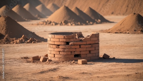 Decrepit Brick Kiln Surrounded by Dusty Quarry Landscape