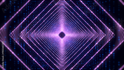 Abstract 3d portal. Square tunnel or wormhole. Digital background with connected blue dots. 3d rendering.