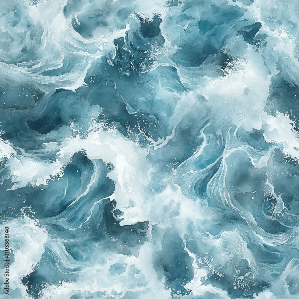 Obraz premium Dynamic movement of watercolor ocean waves with vibrant blue and white hues create a sense of power and energy. Fabric print, textile fashion concept. Abstract seamless pattern.
