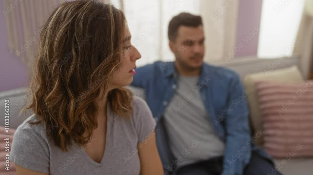 Woman and man sitting indoors in a room with neutral expressions amid a soft living room interior setting suggesting a calm atmosphere. Woman and man sitting indoors in a room with neutral expressions amid a soft living room interior setting suggesting a calm atmosphere.
