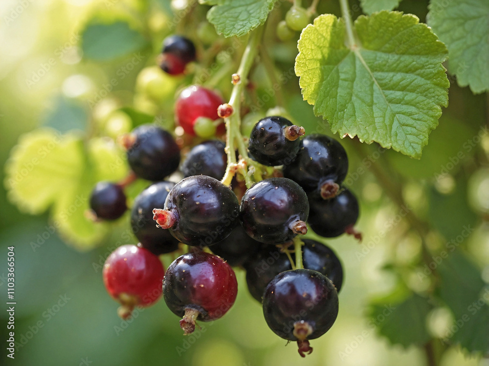 Ripe blackcurrants hanging from their stems on a lush green shrub in a garden. Ripe blackcurrants hanging from their stems on a lush green shrub in a garden.