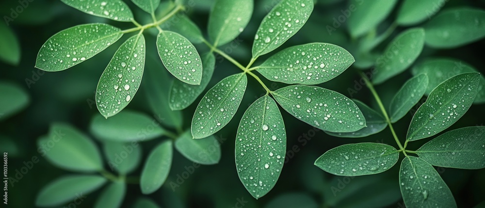 Fototapeta premium Lush green leaves are adorned with glistening raindrops, highlighting the importance of nature and sustainability in a tranquil garden environment