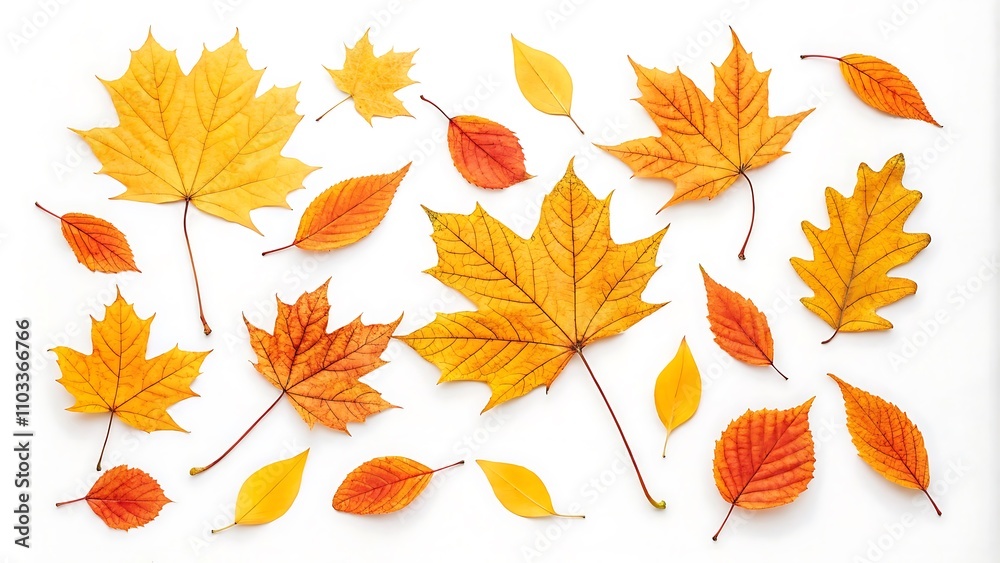 Naklejka premium A visually appealing photostock image showcasing a flat lay composition of autumn foliage, creating a warm and inviting aesthetic.