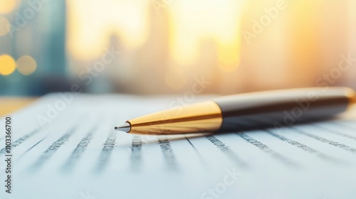 A close-up of a pen resting on a document, with a blurred urban background illuminated by warm sunlight.