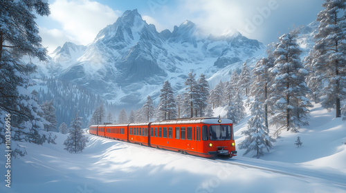 Crossing the snow covered forest tourist train in Jungfrau of the Alps background, Switzerland. photo