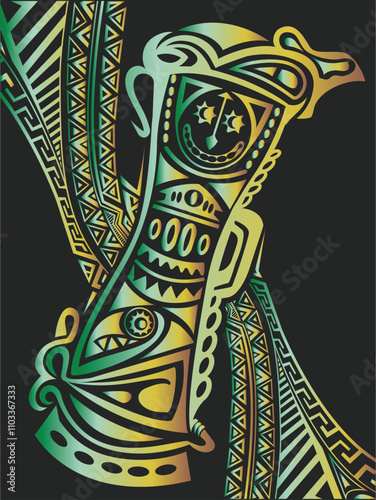 Traditional Kundu Drum Tribal Pattern Design in green and gold colour