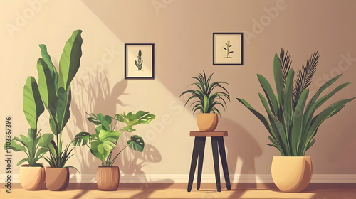 Warm composition of botanic living room interior with plants in flowerpotss, wooden stand, black stool, brown wall and personal accessories. Home decor. Template.