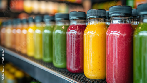 Colorful juice bottles lined up on a store shelf