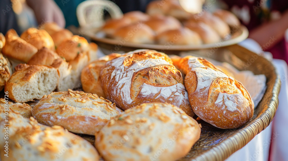 Freshly baked bread displayed on a tray, showcasing variety and texture Freshly baked bread displayed on a tray, showcasing variety and texture