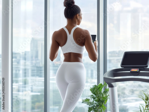 Free Download A woman dressed in sportswear places an order on her smartphone while on a treadmill at the gym. - GFXLoad