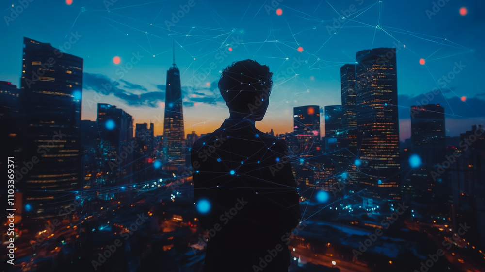 Abstract business man stands on the peak of success amid tall, innovative Smart city and graphs with statistics to analyze business potential and predict future developments in company growth.