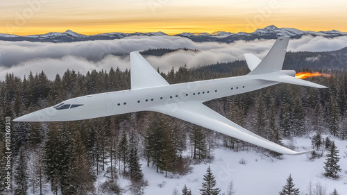 sleek, futuristic aircraft flies above snowy landscape, surrounded by mountains and clouds at sunset. scene captures beauty of aviation and nature in harmony photo