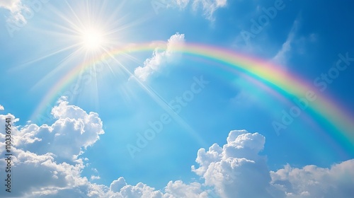 Fototapeta Naklejka Na Ścianę i Meble -  Beautiful vibrant double rainbow stretching across clear blue sky with bright sunlight and fluffy white clouds, stunning cloudscape background featuring large double rainbow arcing in right corner.