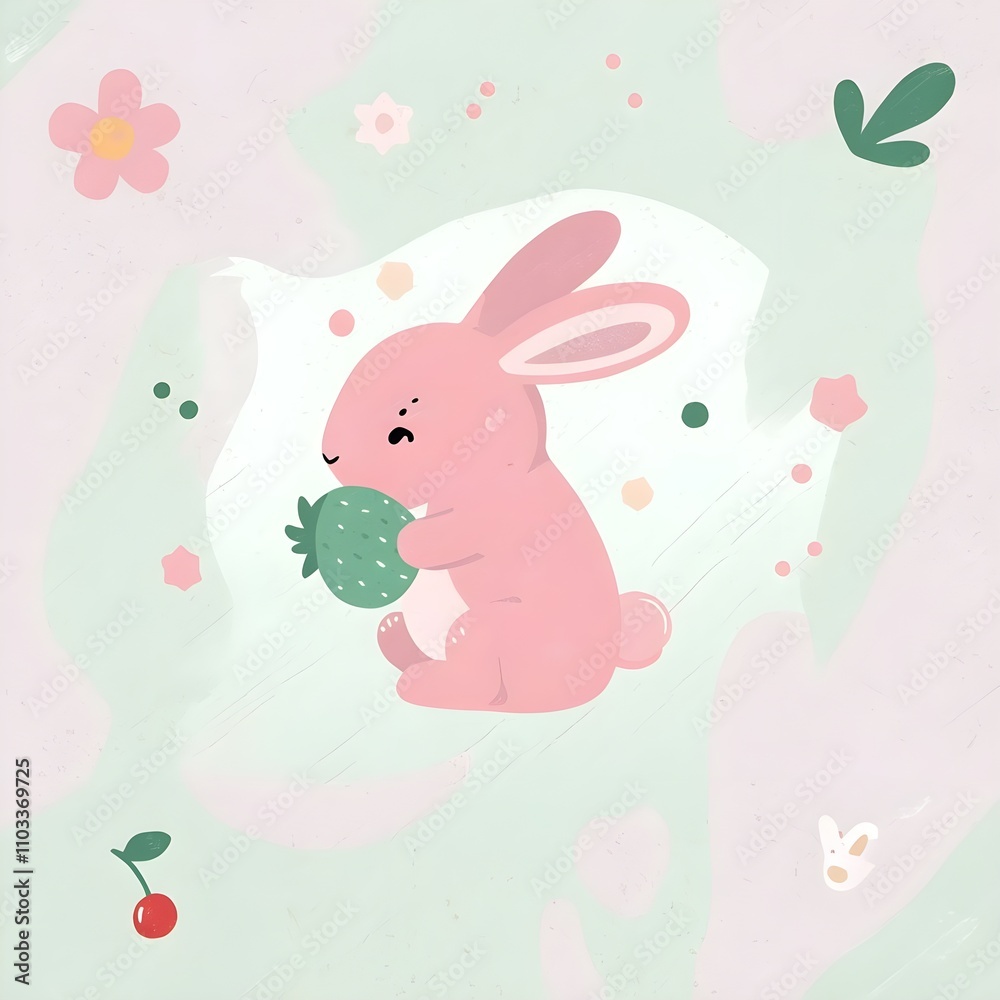 Cute, pink bunny rabbit with strawberry, colorful elements, playful, pastel color.