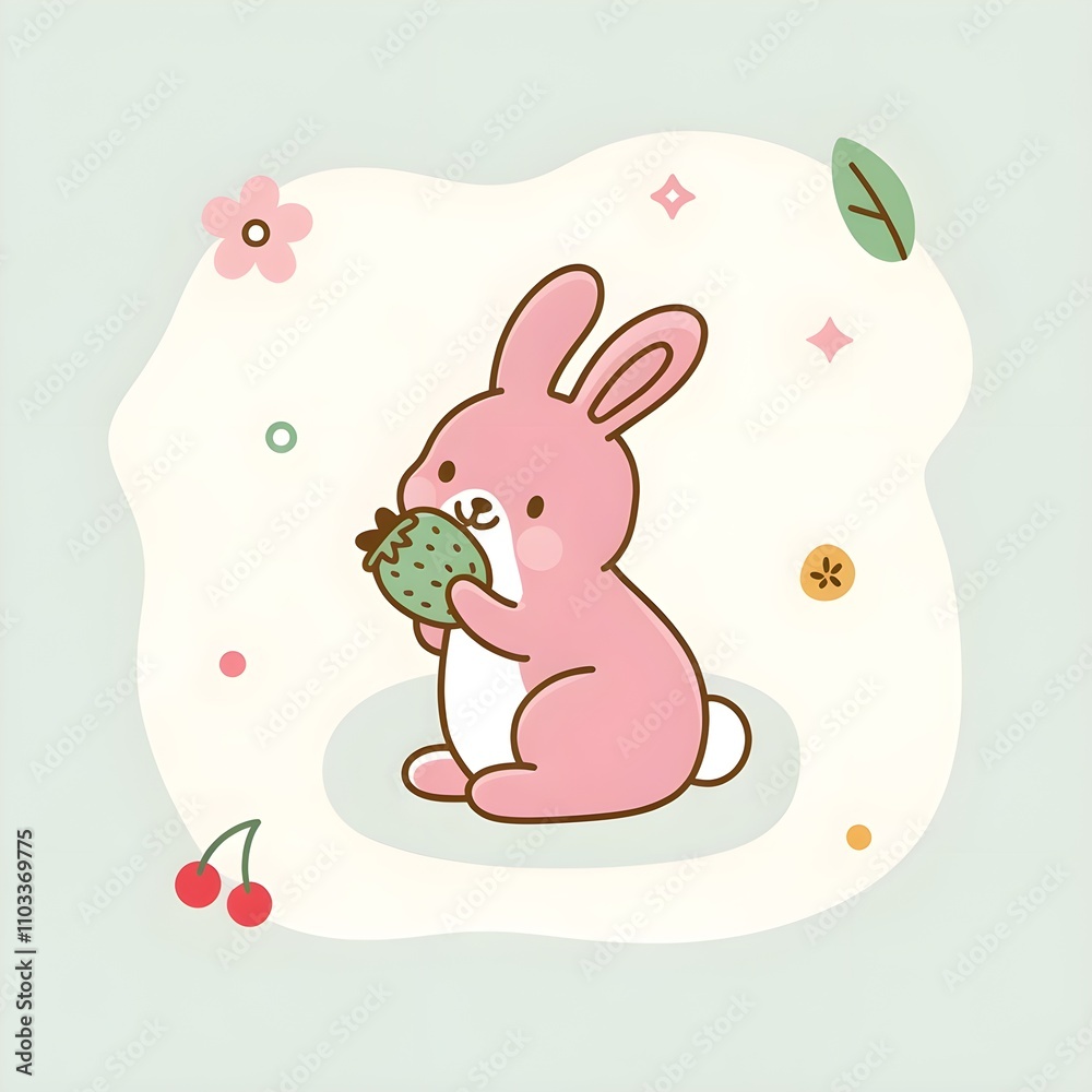 Cute, pink bunny rabbit with strawberry, colorful elements, playful, pastel color. Cute, pink bunny rabbit with strawberry, colorful elements, playful, pastel color.