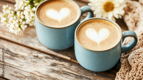 Two Blue Mugs with Heart Latte Art Surrounded by Flowers and Cozy Knit on Wooden Table