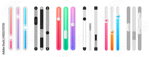 Vector set of scroll bars. Vertical colored sliders, scrollbars. Web design elements for website or internet page. Menu graphic ui interface scrolls control, brightness controller, volume slider.