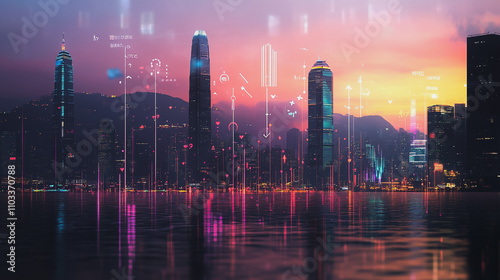 Smart digital city with connection cyber security network reciprocity over the cityscape . future smart wireless digital city and social media networking systems that connects people within the city