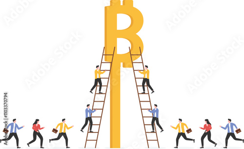 Group of businessmen climbing huge dollar sign, money opportunity, ambitious financial advisor or business investor trying to reach wealth goal
