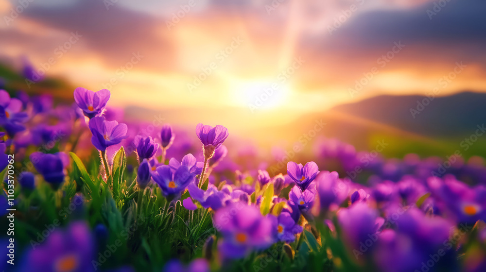 Obraz premium Beautiful Sunrise Over Vibrant Purple Flowers in Scenic Mountain Landscape