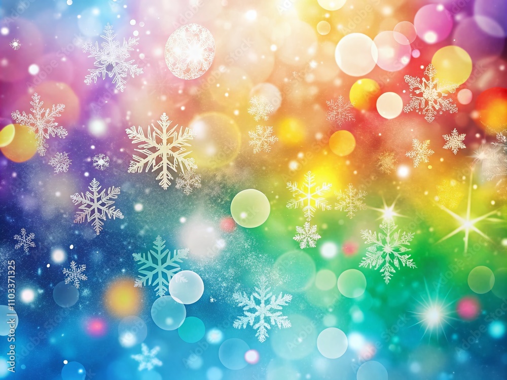 Artistic Rainbow Colored Winter Snowfall Bokeh Background with Sparkle for Christmas and New Year Greeting Cards, Colorful and Blurry Holiday Illustration