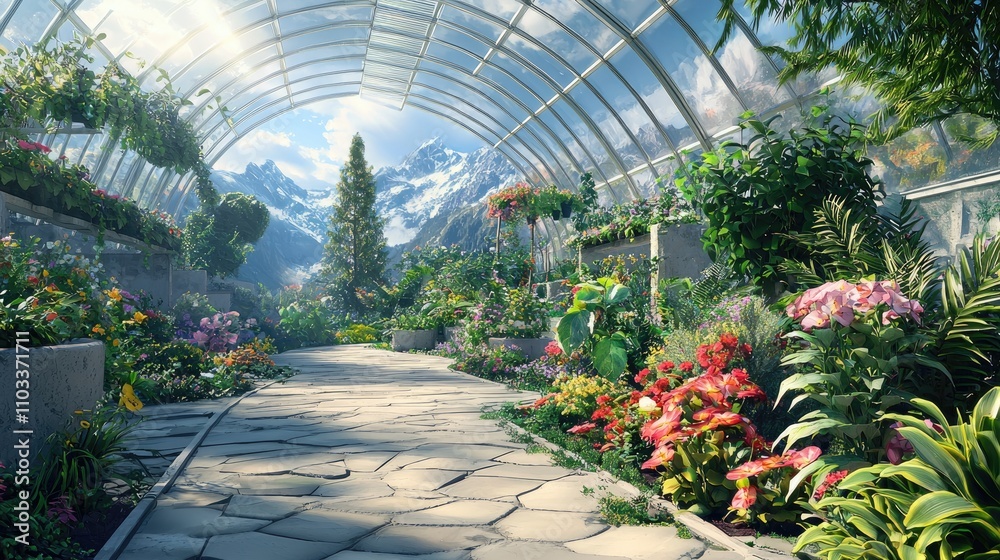 A lush greenhouse with a stone pathway leading to a view of snow-capped mountains. A lush greenhouse with a stone pathway leading to a view of snow-capped mountains.