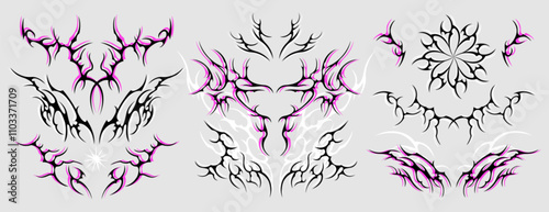Neo tribal tattoo set. Neotribal gothic butterfly with wings, flame, spike, womb, symmetrical abstract dividers. Cyber sigilism y2k design elements. Celtic gothic body ornaments, emo stylized stickers