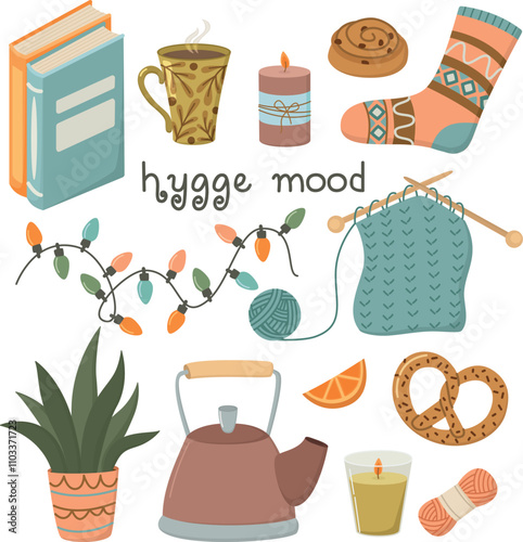 Set of cozy things with hygge mood. Cute collection of of homely items