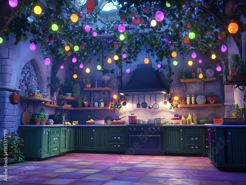 Rear view of a whimsical castle kitchen, enchanted ingredients floating, vibrant colors and fairy lights illuminating the scene