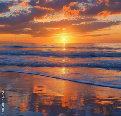 beautiful sunset over a calm beach, with soft golden and orange hues blending into the sky.