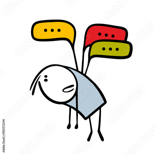 Unfortunate stickman is flying in the sky tied to balloons. Vector illustration funny man is psychologically dependent on other people's opinions and criticism. Isolated doodle character on white.