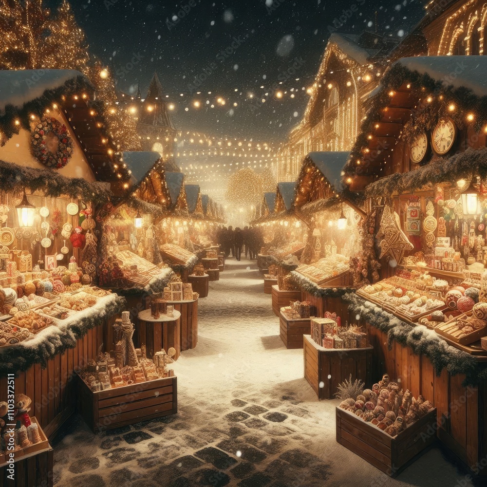 Fototapeta premium A Christmas market at night with wooden stalls selling handmade gifts, sweets, and decorations, surrounded by festive lights and snow