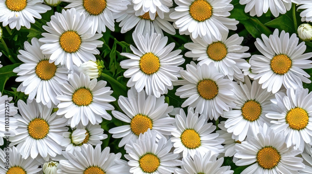 Vibrant White Daisies Blooming in Lush Green Field Under Bright Summer Sky Vibrant White Daisies Blooming in Lush Green Field Under Bright Summer Sky