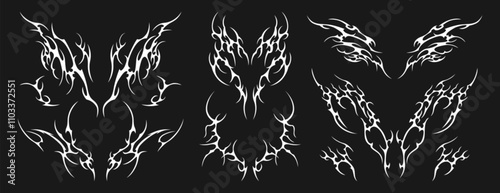 Neo tribal tattoo set. Neotribal gothic butterfly with wings, flame, heart, womb, symmetrical abstract dividers. Cyber sigilism y2k design elements. Celtic gothic body ornaments, emo stylized stickers