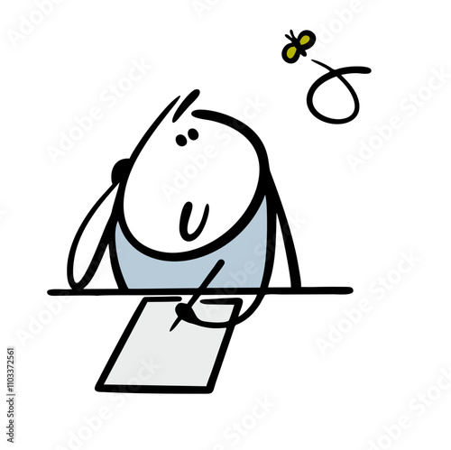Vector illustration a boy in class does not listen to the teacher, looks at a fly, is distracted from education. Funny stickman is sitting at a table and watching an insect in the classroom.