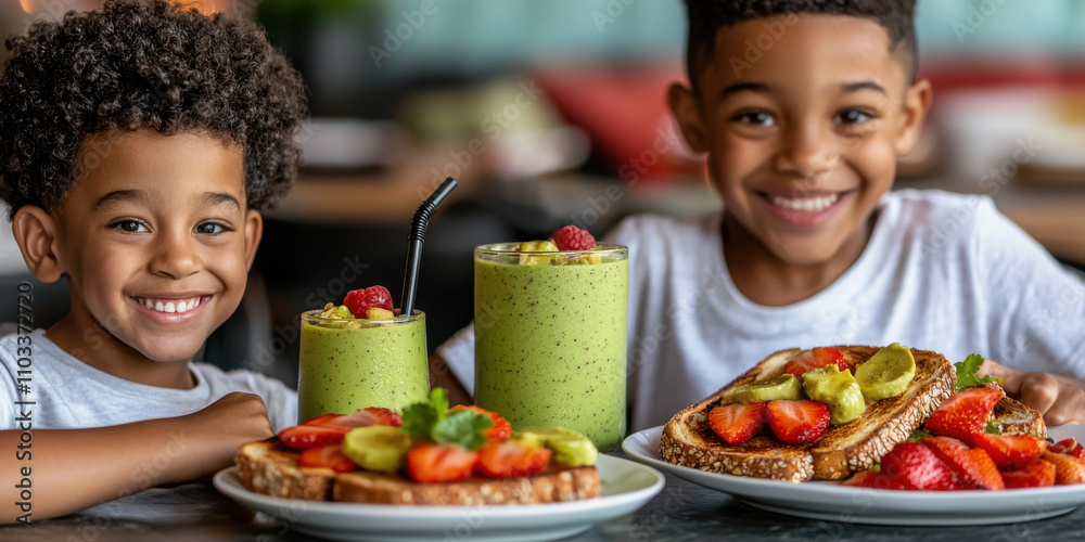Getting the kids ready for school concept, Two smiling boys enjoy healthy breakfast plates with toast, strawberries, and smoothies, showcasing vibrant colors and joyful dining. Getting the kids ready for school concept, Two smiling boys enjoy healthy breakfast plates with toast, strawberries, and smoothies, showcasing vibrant colors and joyful dining.
