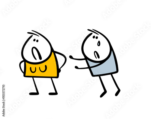 Proud wife leaves her husband and demands a divorce.  Vector illustration of a woman offended, turned away, a man stretches out his hands, asks for forgiveness. Isolated on white background.