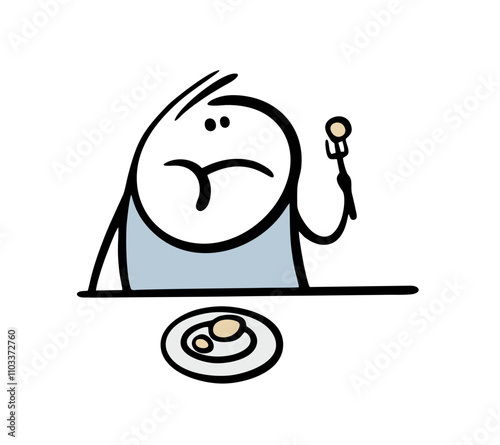 Hungry child is sitting at a table in a restaurant and eating a cutlet. Vector illustration of a stickman holding a fork, stuffing his mouth with food. Bad manners, an ill-mannered man.