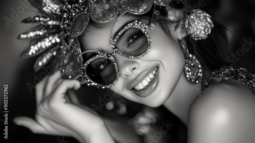 Radiant Teen Girl in Glamorous Attire Smiling Confidently with Sparkling Accessories in Sharp Focus