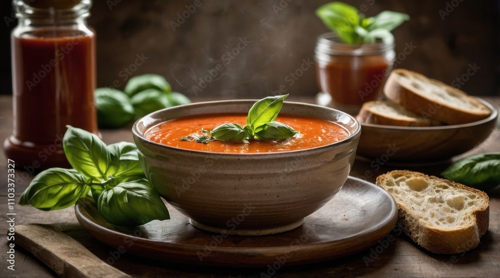 A bowl of red cream soup with a basil leaf A bowl of red cream soup with a basil leaf