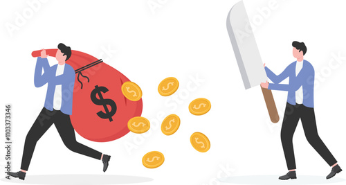 Knife in hand slashes money bag in other hand, failed investment, money loss,

