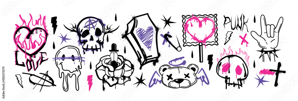 Fototapeta premium Spray paint graffiti element set. Street art gothic skull, bear head, burning heart, coffin, rose flower and sparkles. Grunge ink stickers, hand gesture, trippy melting smiles with splatters and drips