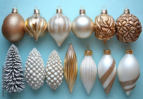 Elegant Row of Ornaments Against a Blue Background
 photo