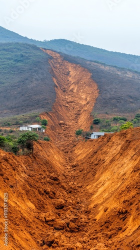 Massive landslide carving deep gully.