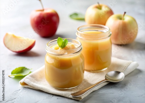 Baby Food Delight: Two Glass Jars of Homemade Apple Puree with a Spoon on a White Insulated Background, Perfect for Introducing Solids to Infants and Capturing Precious Moments